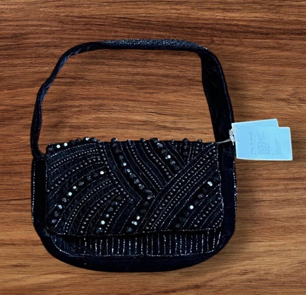 A New Day Shoulder Bag Womens Small Black Velvet Beaded Purse Handbag Party